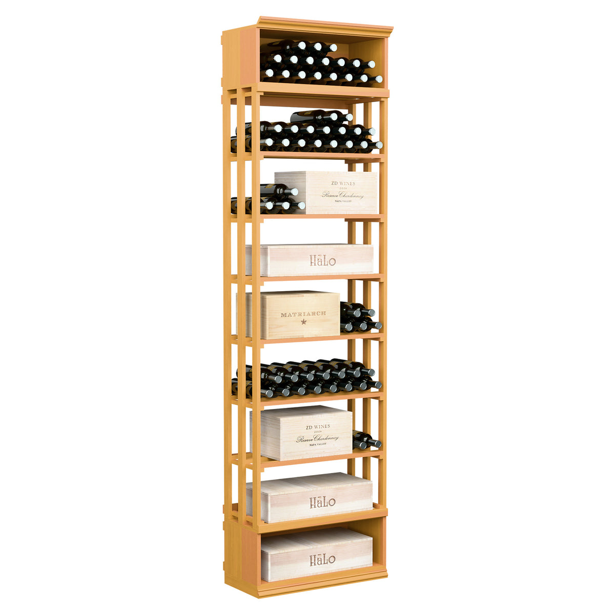8ft wooden wine storage bin with lattice sides and tiered shelves, honey-colored stain