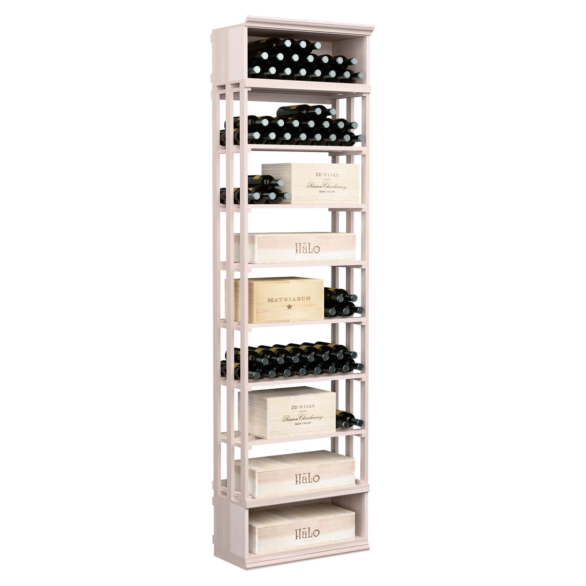 8ft wine storage bin with lattice sides and stacked bottle shelves, light painted wood