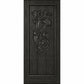 Wine cellar door with wrought iron grape grate, dark stained wood, square top