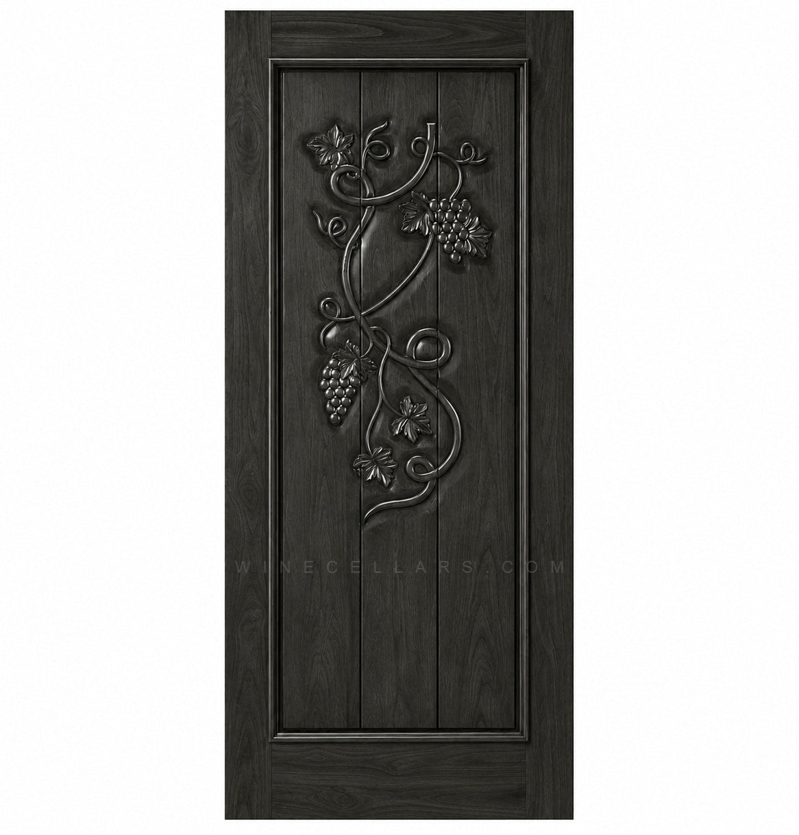 Wine cellar door with wrought iron grape grate, dark stained wood, square top