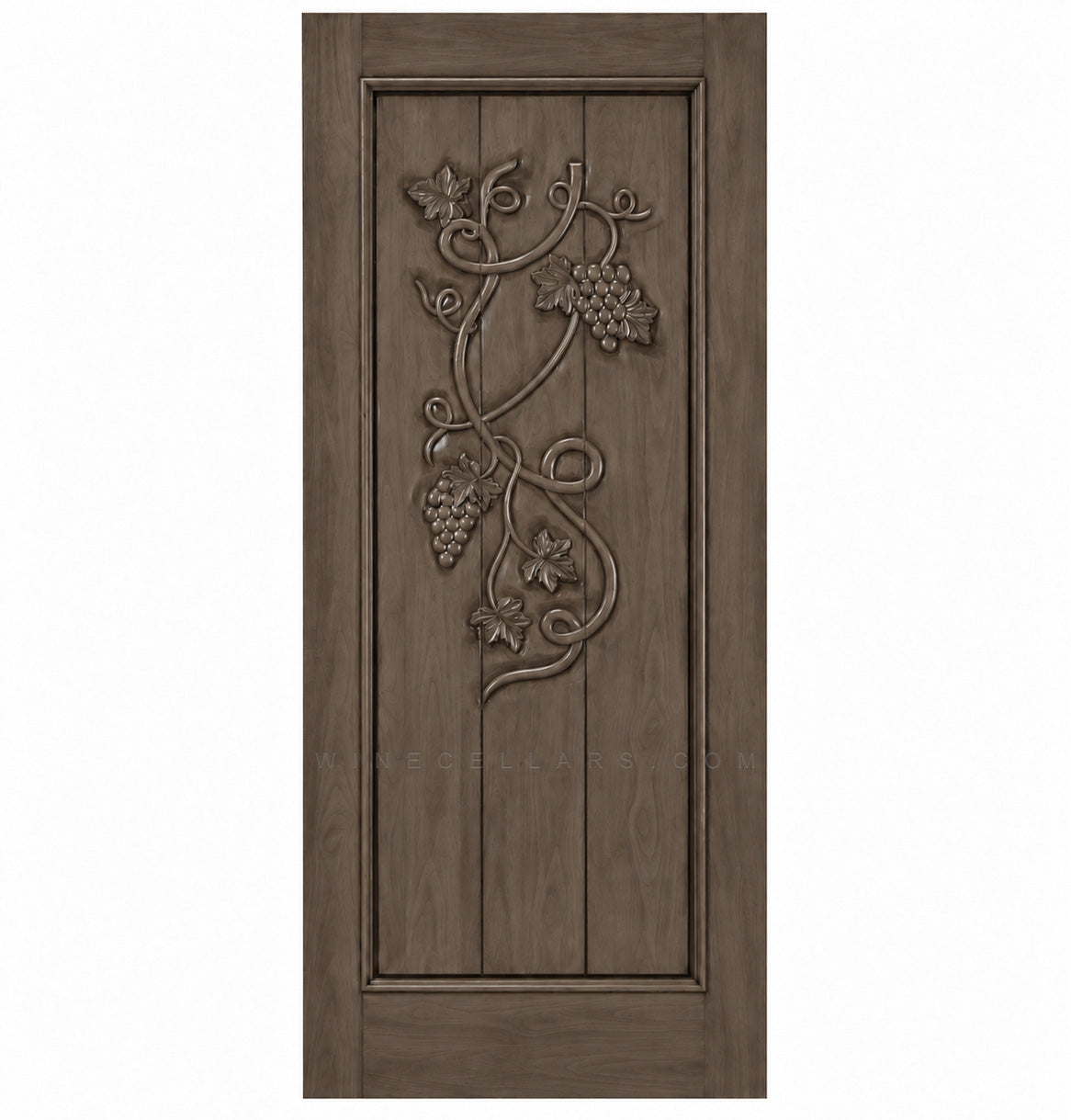 Wine cellar door with wrought iron grape grate, walnut-stained wood, square top
