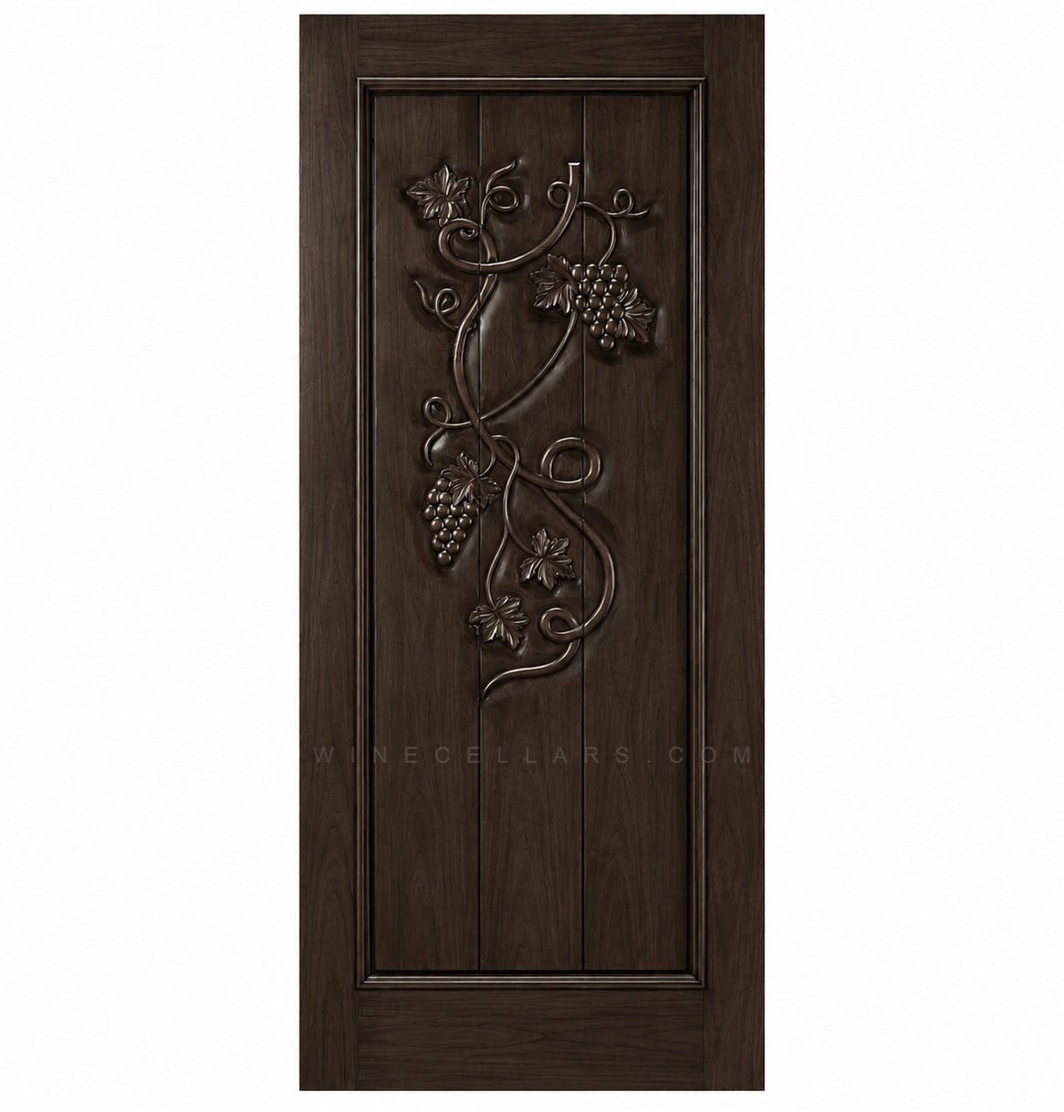 Wine cellar door with wrought iron grape grate, espresso-brown wood, square top