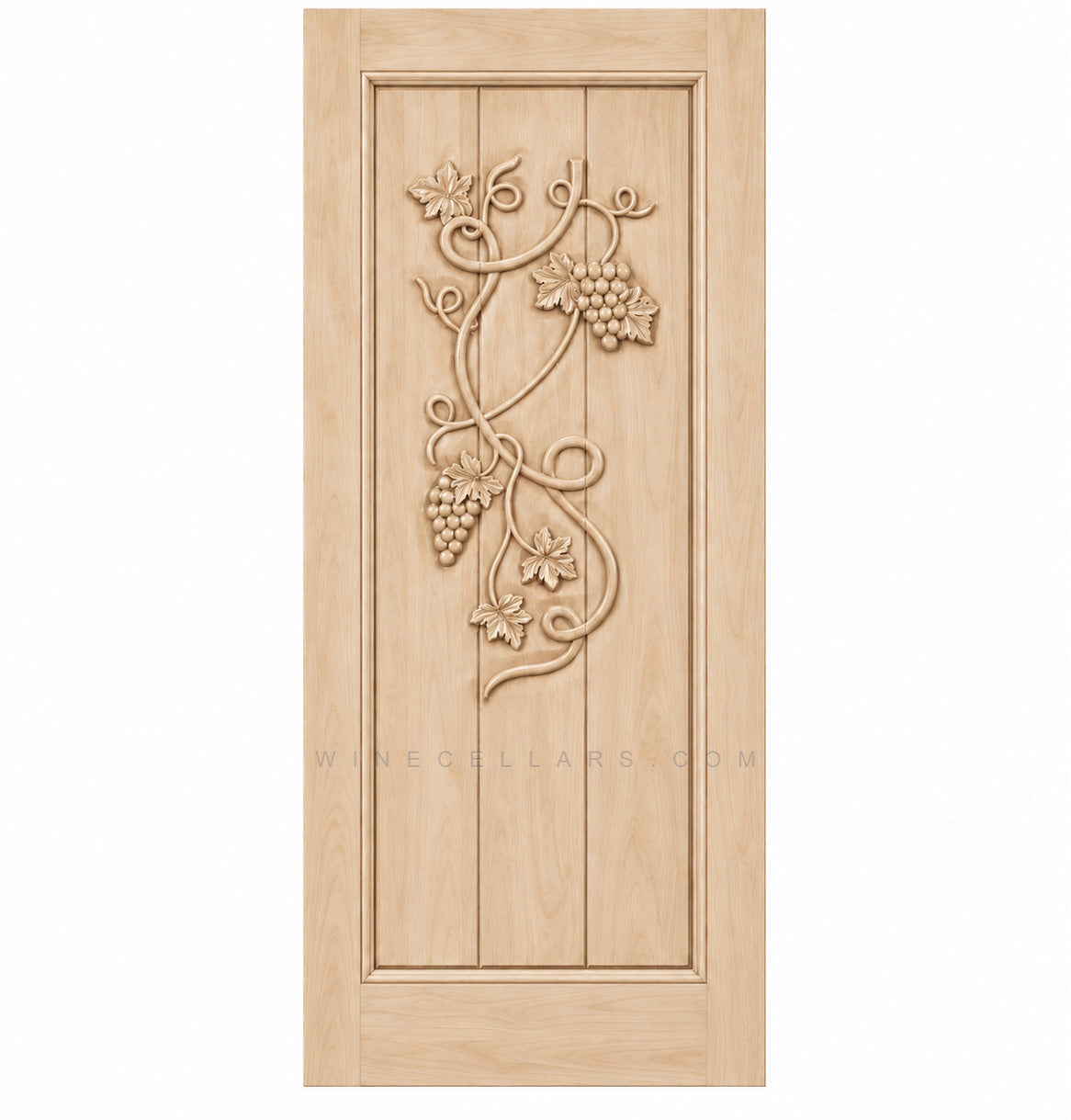 Wine cellar door with wrought iron grape grate, light wood, square top