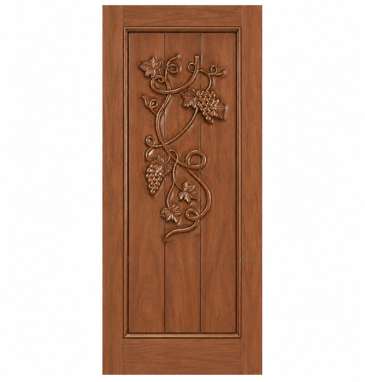 Wine cellar door with wrought iron grape grate, medium brown wood, square top