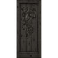 Wine cellar door with wrought iron grape grate, dark wood, square top, distressed marks