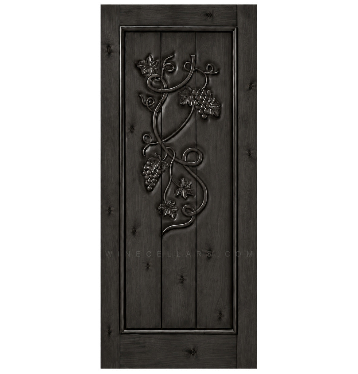 Wine cellar door with wrought iron grape grate, dark wood, square top, distressed marks