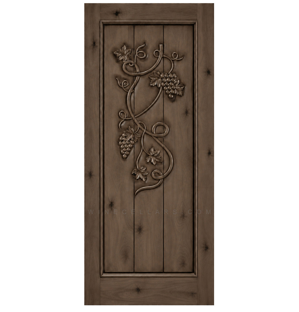 Wine cellar door with wrought iron grape grate, light wood, square top, distressed marks
