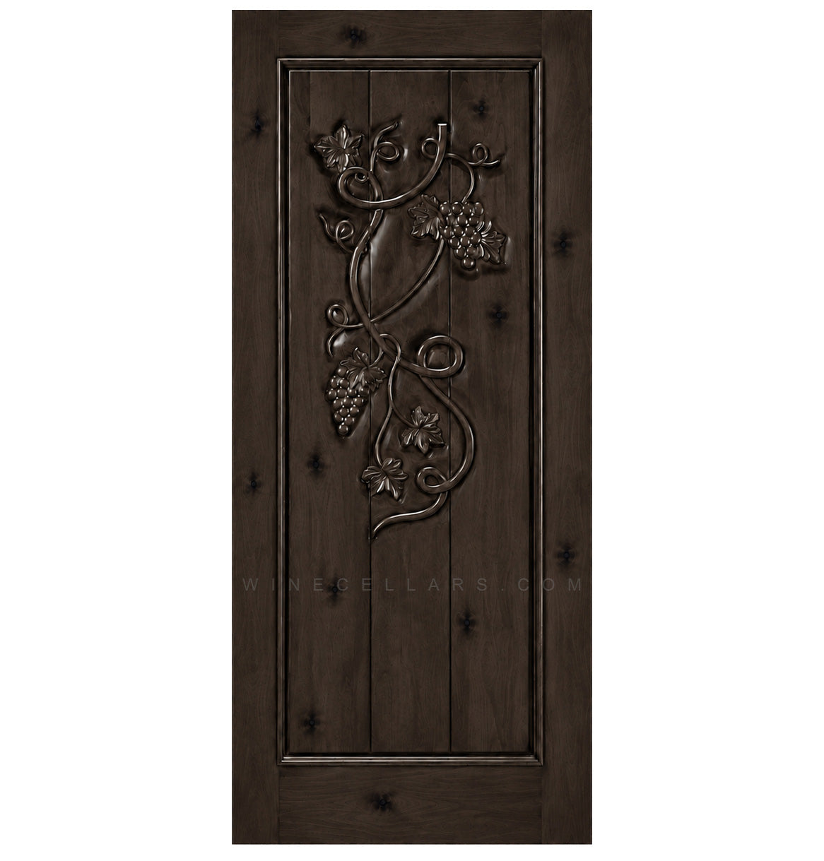 Wine cellar door with wrought iron grape grate, dark wood, square top, distressed marks