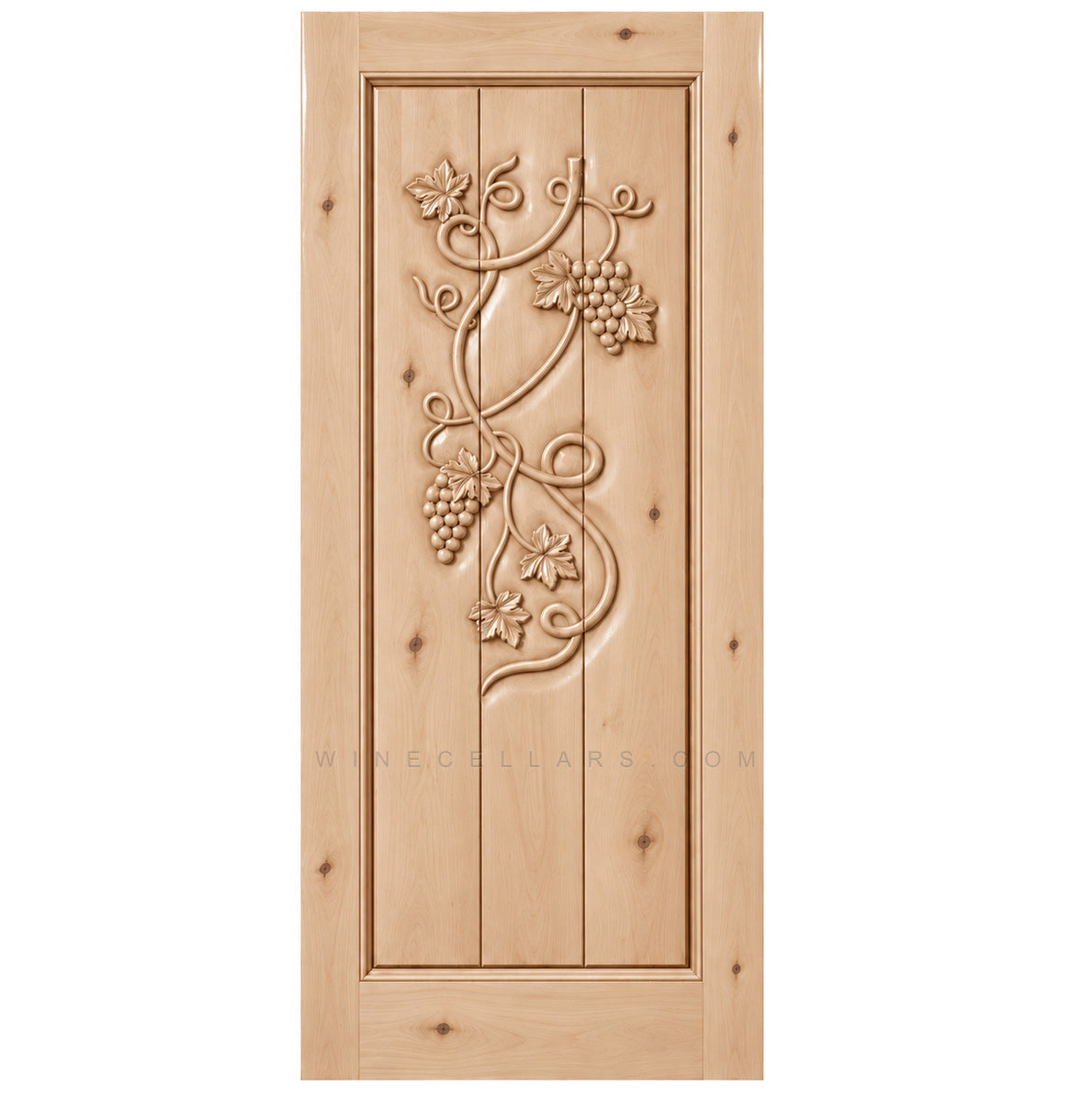Wine cellar door with wrought iron grape grate, light wood, square top, distressed marks
