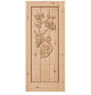 Wine cellar door with wrought iron grape grate, light wood, square top, distressed marks