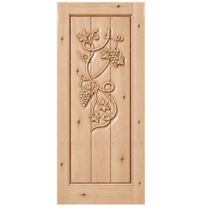 Wine cellar door with wrought iron grape grate, light wood, square top, distressed marks