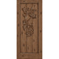Wine cellar door with wrought iron grape grate, medium brown wood, square top, distressed marks