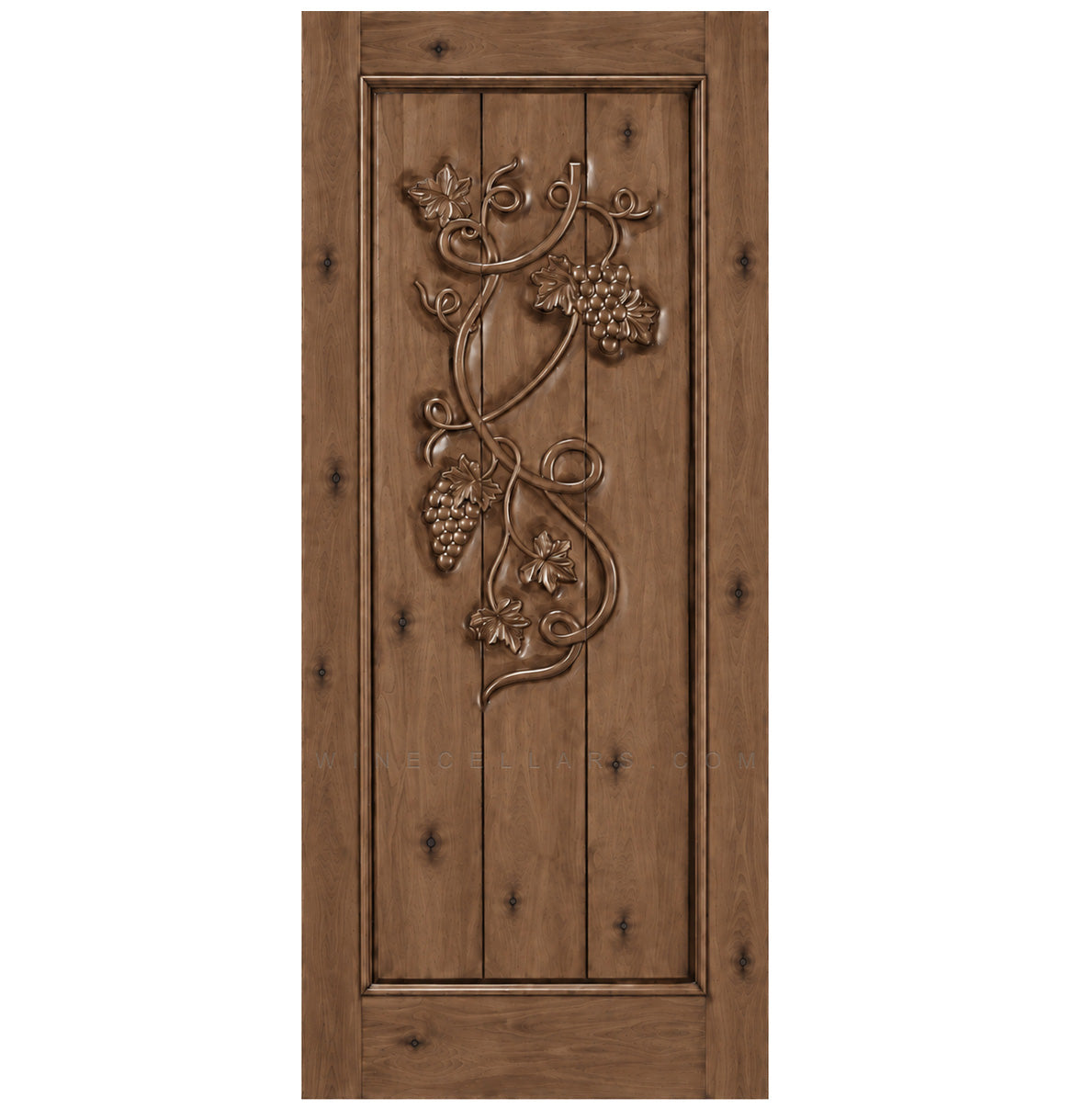 Wine cellar door with wrought iron grape grate, medium brown wood, square top, distressed marks