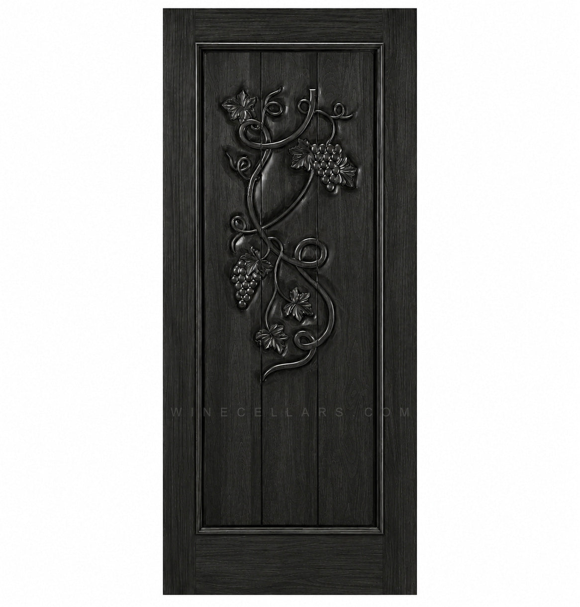 Wine cellar door with decorative wrought-iron grape motif, dark finish, square-top frame