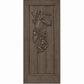 Wine cellar door with decorative wrought-iron grape motif, medium brown finish, square-top frame