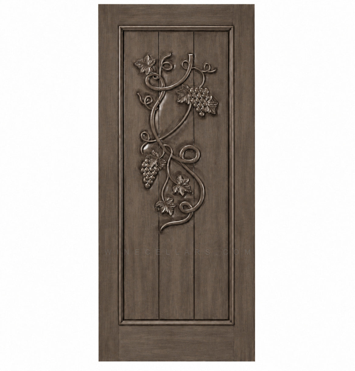 Wine cellar door with decorative wrought-iron grape motif, medium brown finish, square-top frame