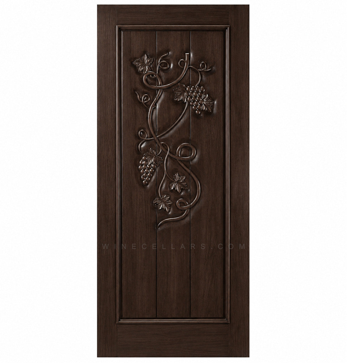 Wine cellar door with decorative wrought-iron grape motif, dark brown finish, square-top frame