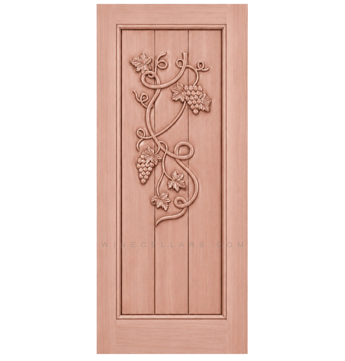 Wine cellar door with decorative wrought-iron grape motif, light wood finish, square-top frame