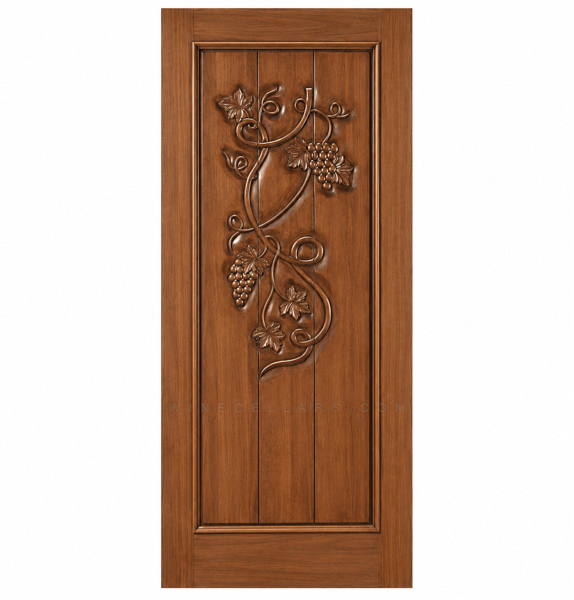 Wine cellar door with decorative wrought-iron grape motif, warm wood finish, square-top frame