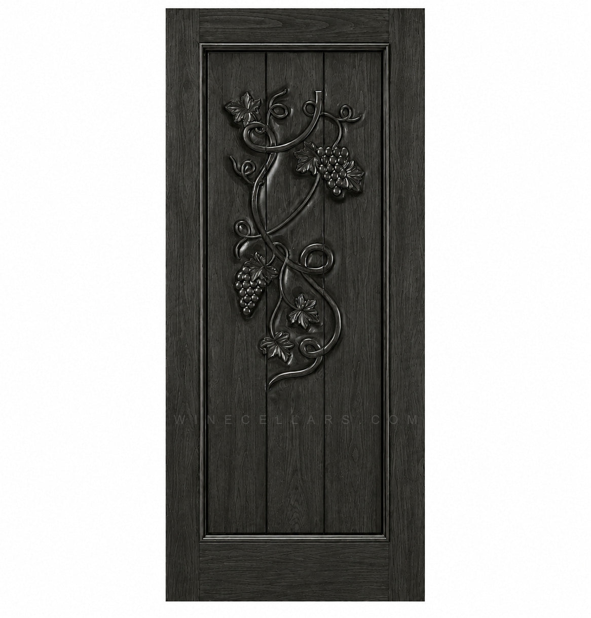 Wine cellar door with decorative wrought-iron grape motif, dark finish, square-top frame