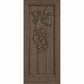 Wine cellar door with decorative wrought-iron grape motif, gray-brown finish, square-top frame