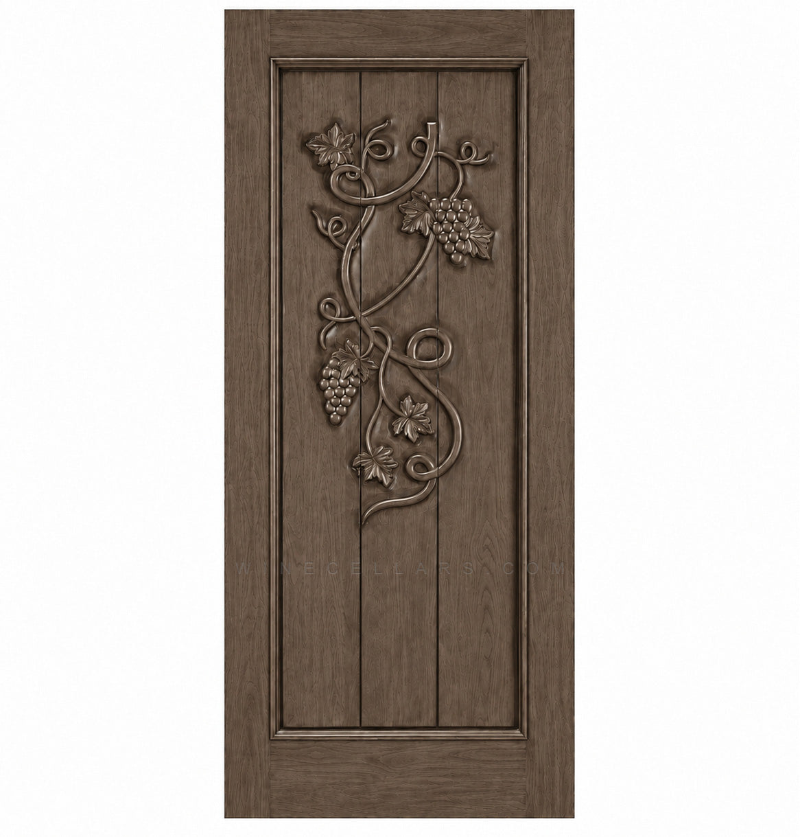 Wine cellar door with decorative wrought-iron grape motif, gray-brown finish, square-top frame