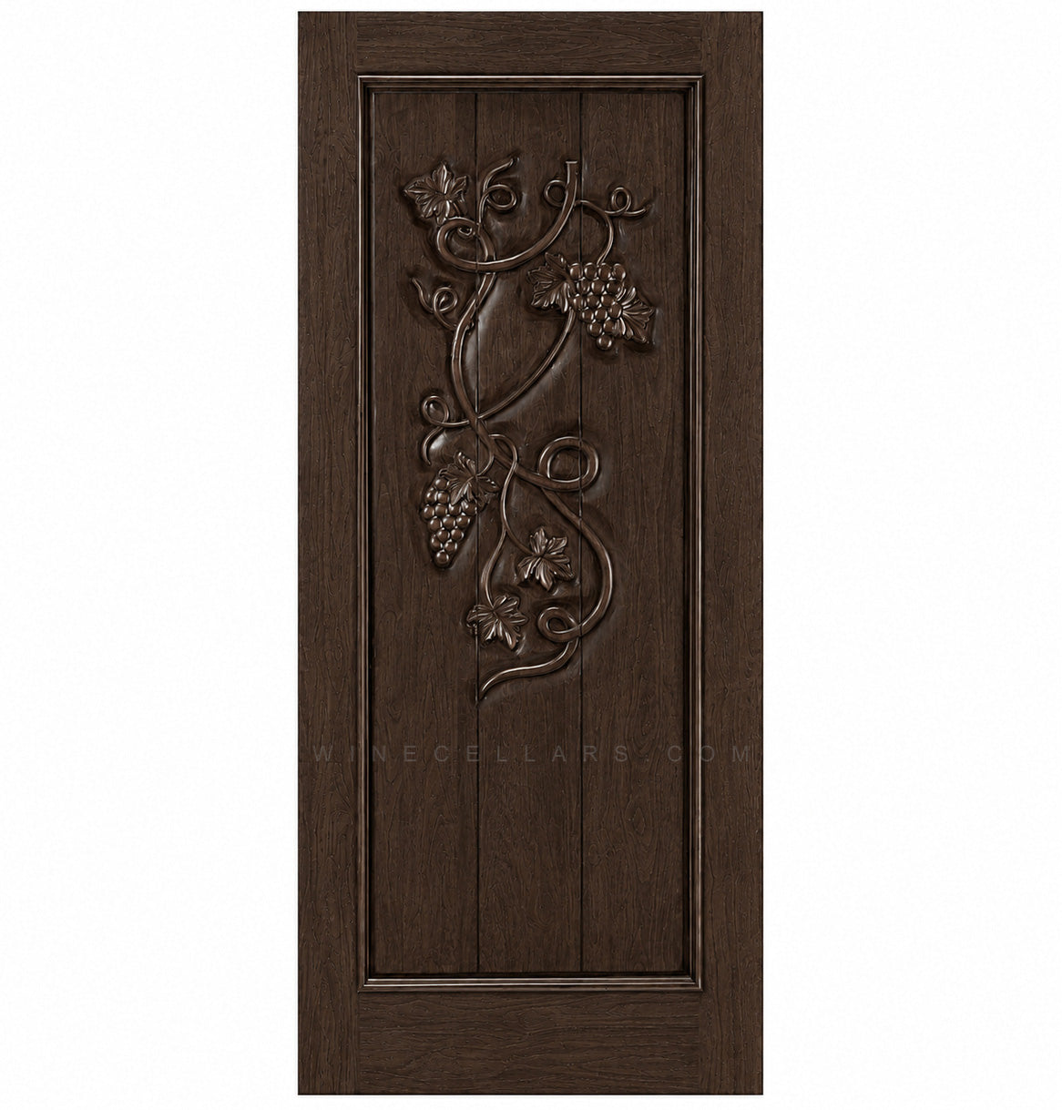 Wine cellar door with decorative wrought-iron grape motif, dark wood finish, square-top frame