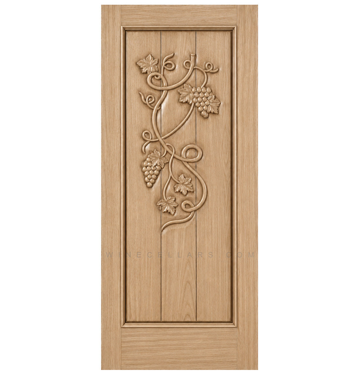 Wine cellar door with decorative wrought-iron grape motif, pale wood finish, square-top frame