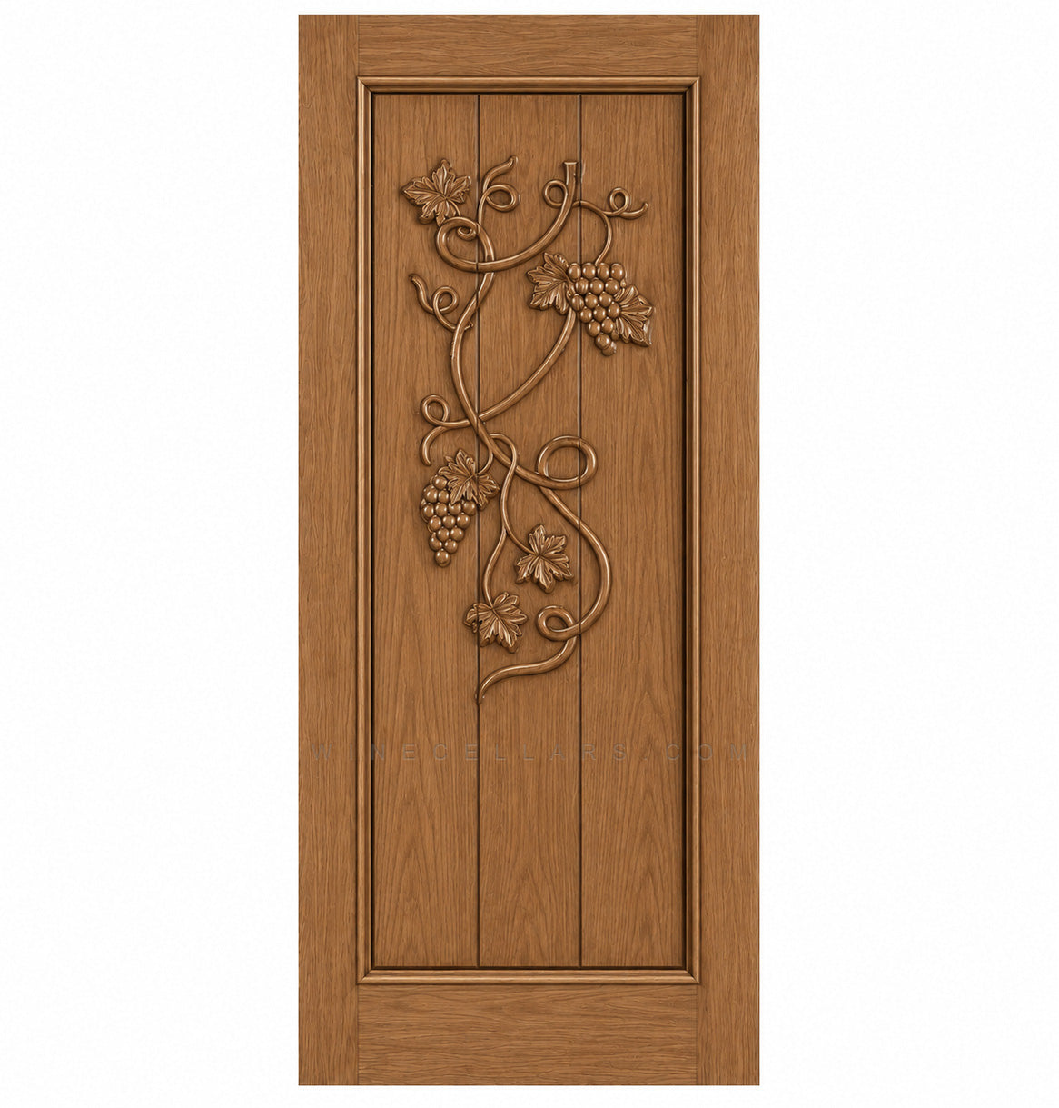 Wine cellar door with decorative wrought-iron grape motif, medium wood finish, square-top frame