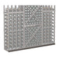 Grey wine bottle rack with diamond pattern center and front bottle holders