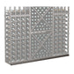 Grey wine bottle storage rack with diamond pattern and long row of bottle slots