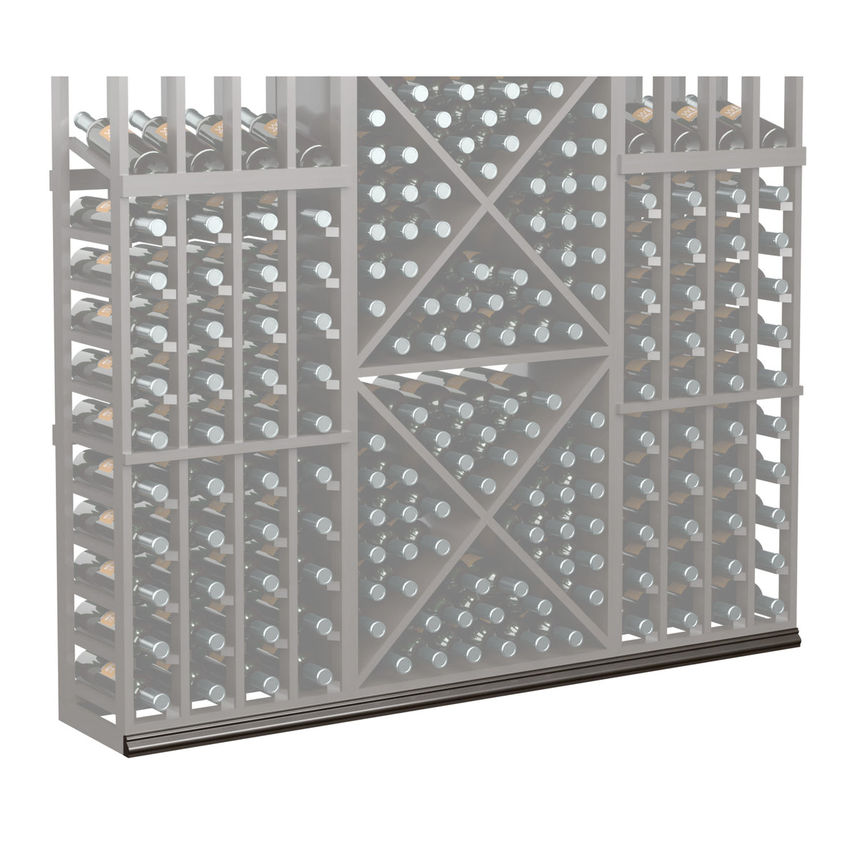 Grey wine bottle storage rack with diamond pattern and long row of bottle slots