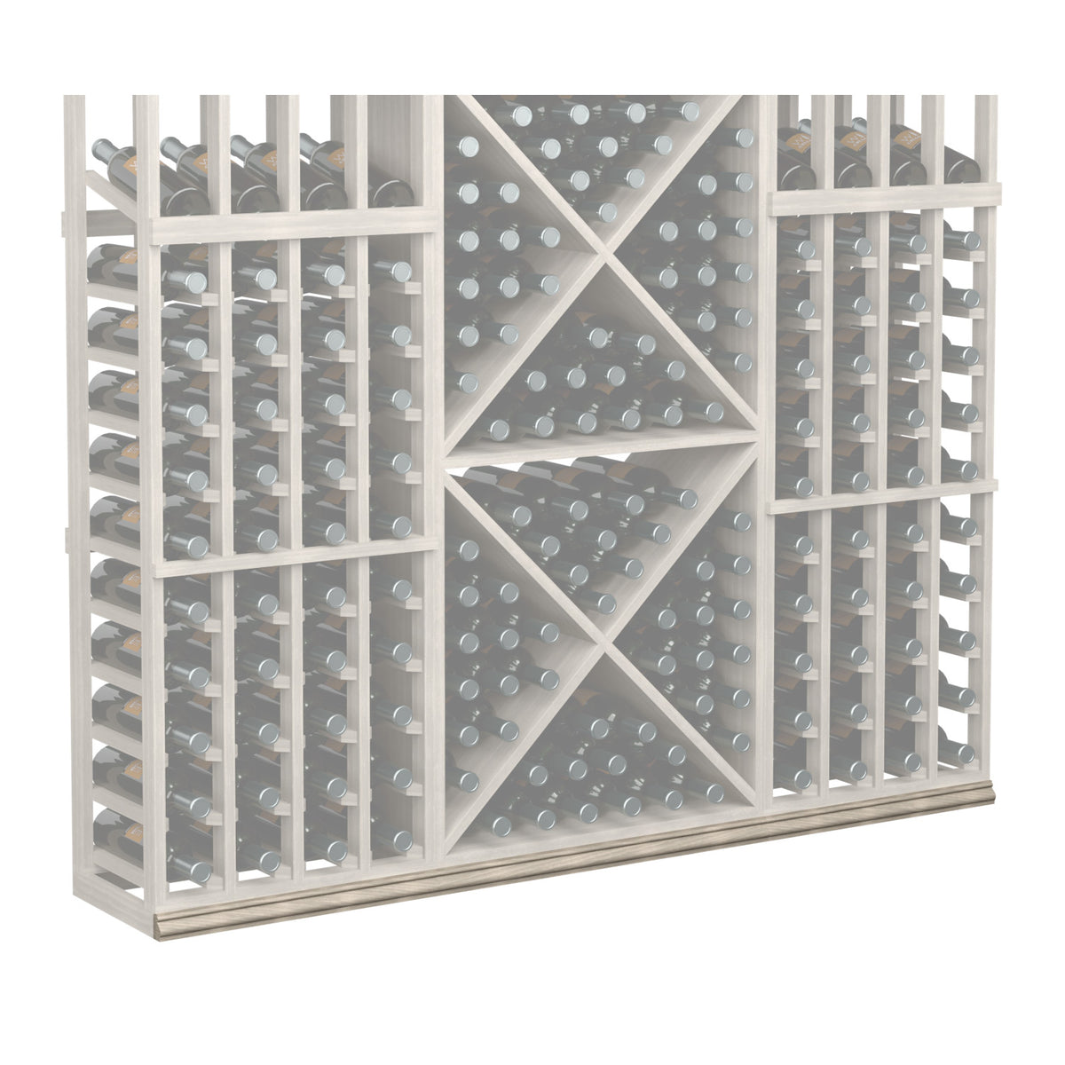 White wine bottle storage rack with gray diamond back and bottle cubbies