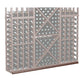 Dark wood wine bottle storage rack with gray diamond back and cubby slots