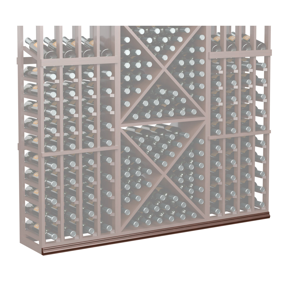 Dark wood wine bottle storage rack with gray diamond back and cubby slots