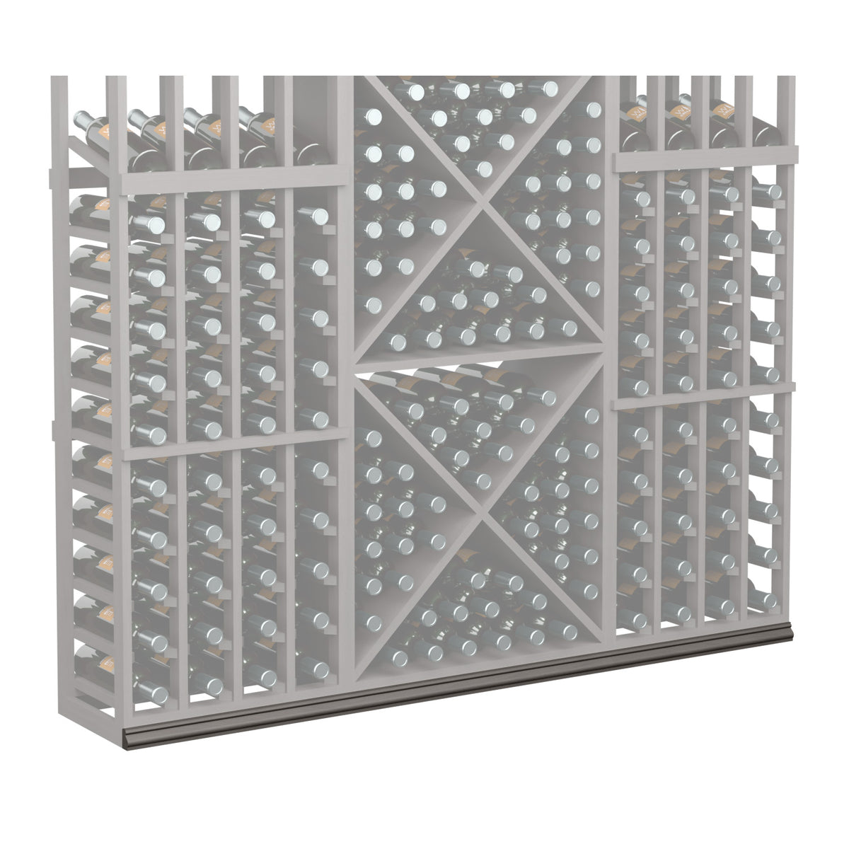 72-inch straight base molding with gray wooden wine rack lattice and bottle openings