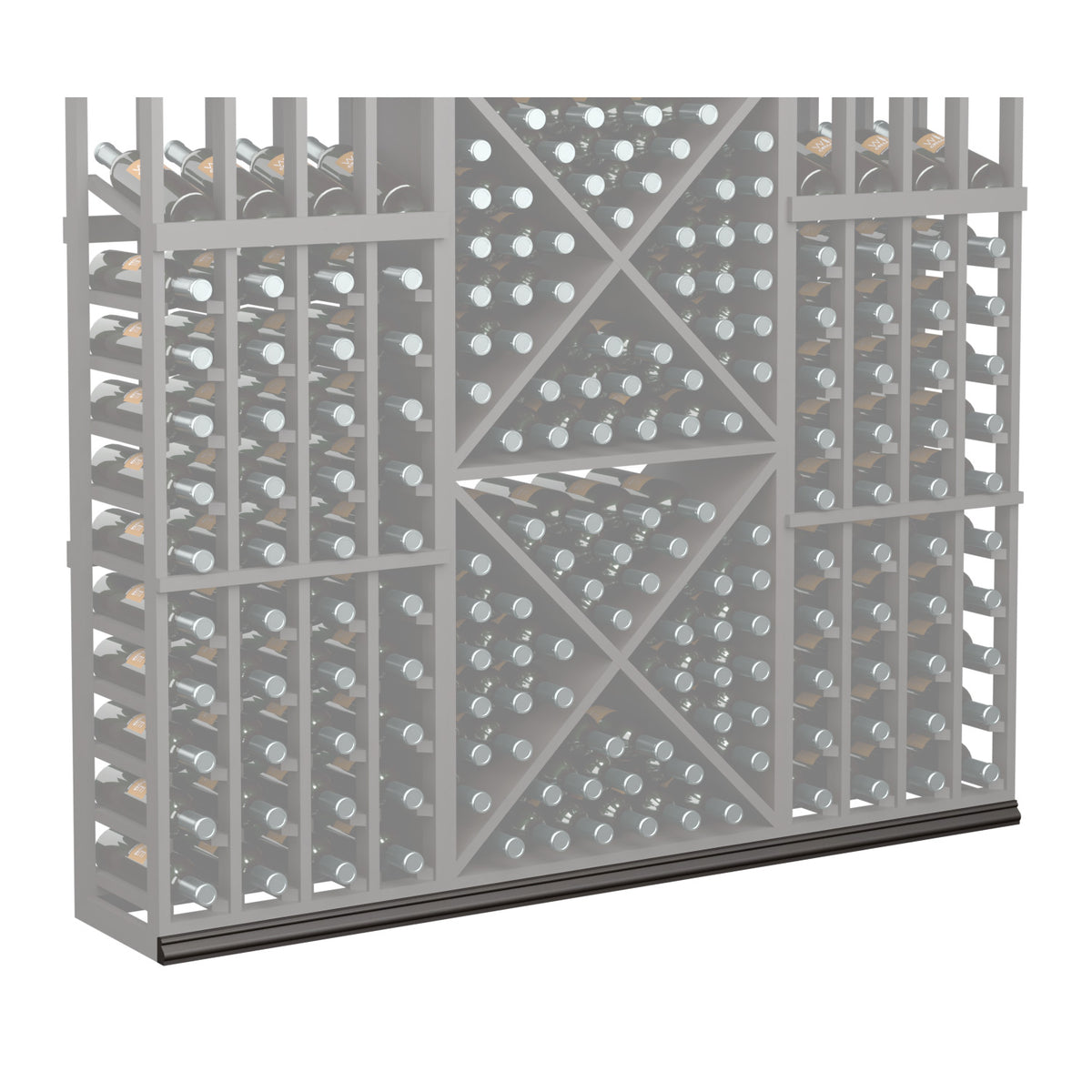 72-inch straight base molding with gray wine rack lattice and many round bottle openings