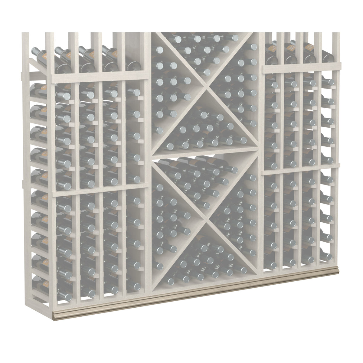 Light wood wine bottle rack with diamond-pattern bottle display and side bottle slots