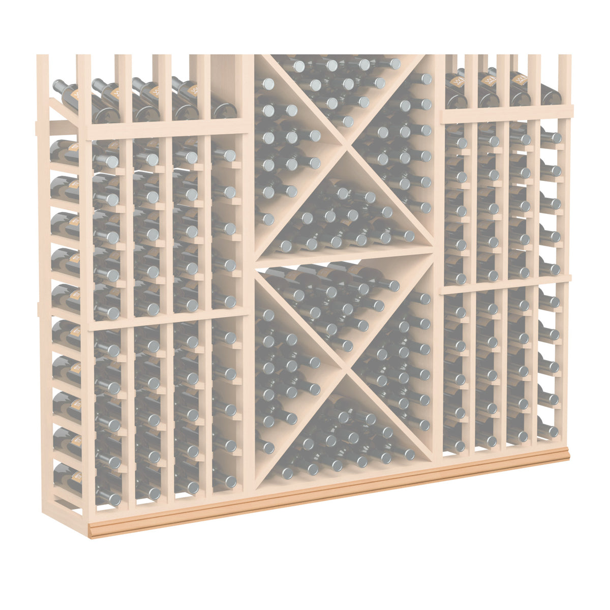 Light wood wine bottle rack with diamond-pattern bottle display and gray-blue back panel