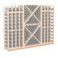 Light wood wine bottle rack with bottle grid and diamond-pattern center panel