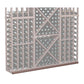 Light wood wine bottle rack with diamond-pattern bottle display and darker base trim