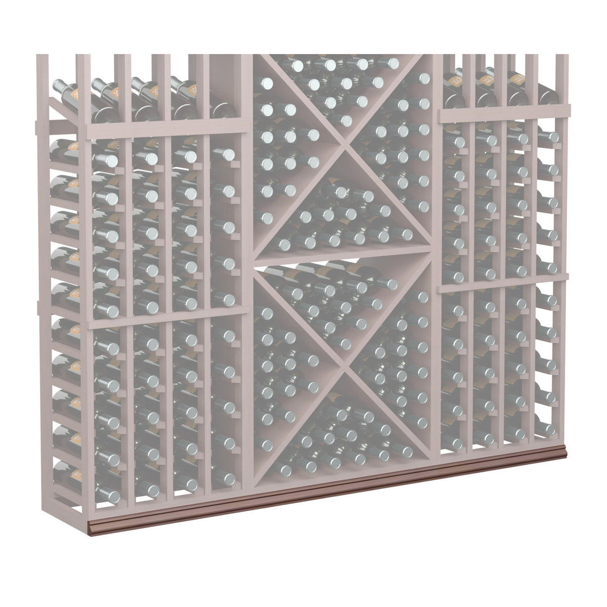 Light wood wine bottle rack with diamond-pattern bottle display and darker base trim