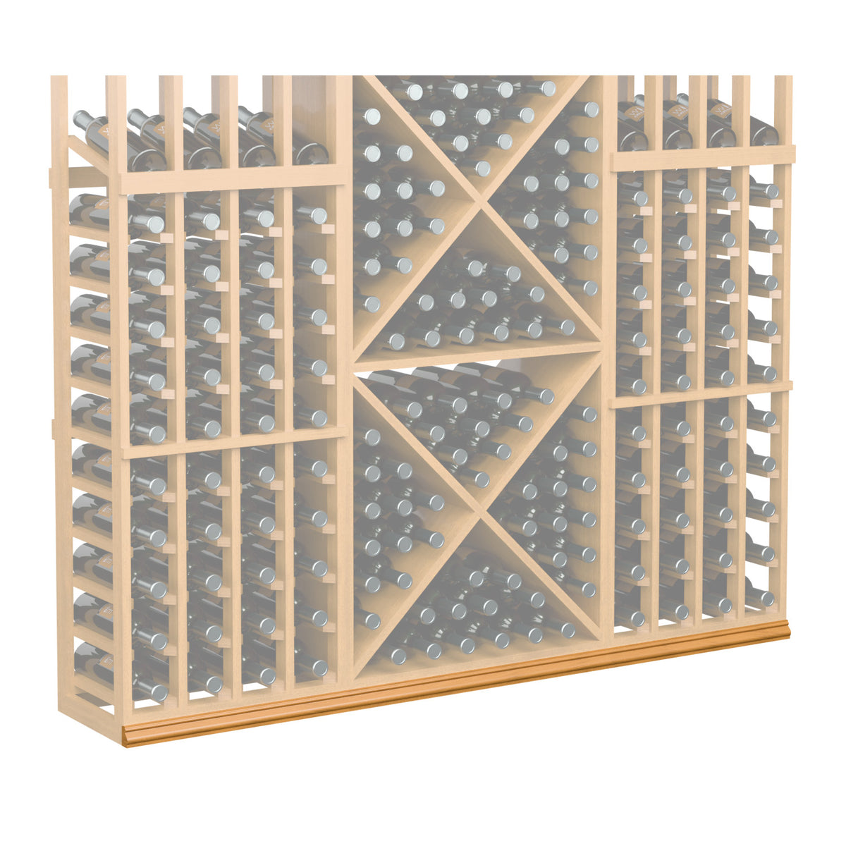 Light wood wine bottle rack with bottle grid and diamond-pattern center panel