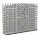 Grey wine bottle rack with diamond cross-bracing and round bottle holders