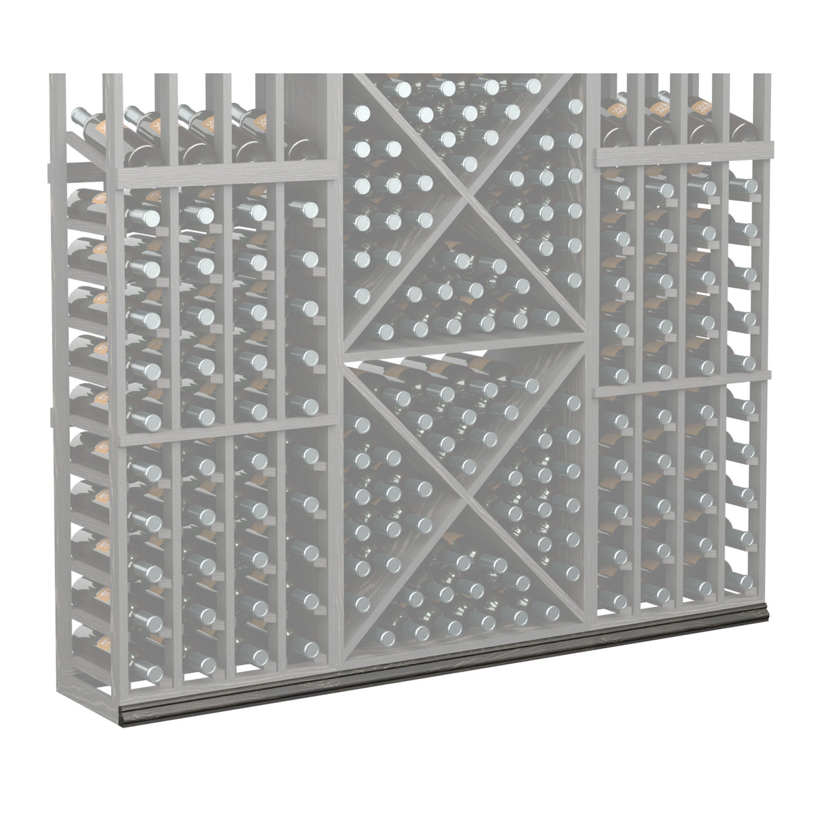 Grey wine bottle rack with diamond cross-bracing and round bottle holders