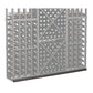 Grey wine bottle rack with diamond cross-bracing and round bottle holders, black base