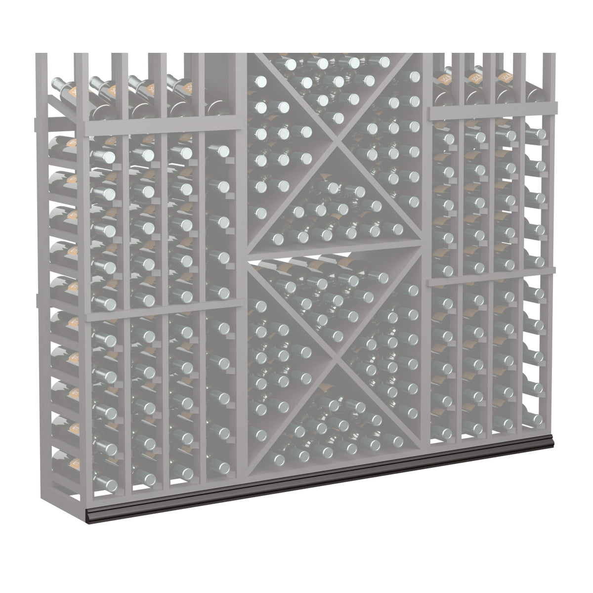 Grey wine bottle rack with diamond cross-bracing and round bottle holders, black base