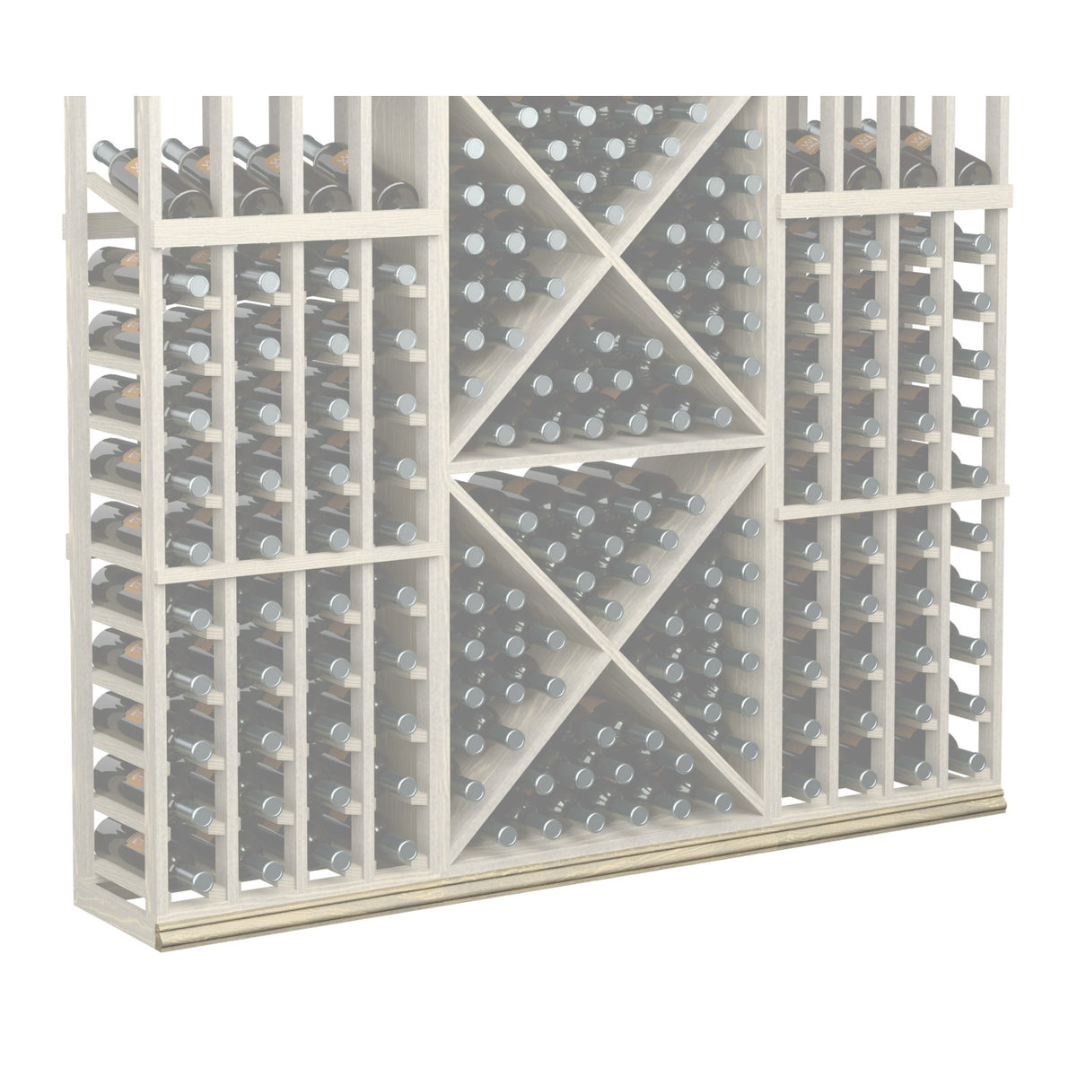 Wine bottle rack with white frame and diamond grid; holds bottles, 72-inch base