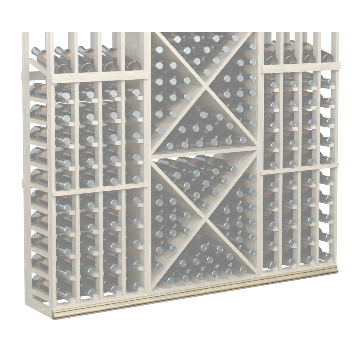 Wine bottle rack with white frame and diagonal bottle slots; 72-inch straight base