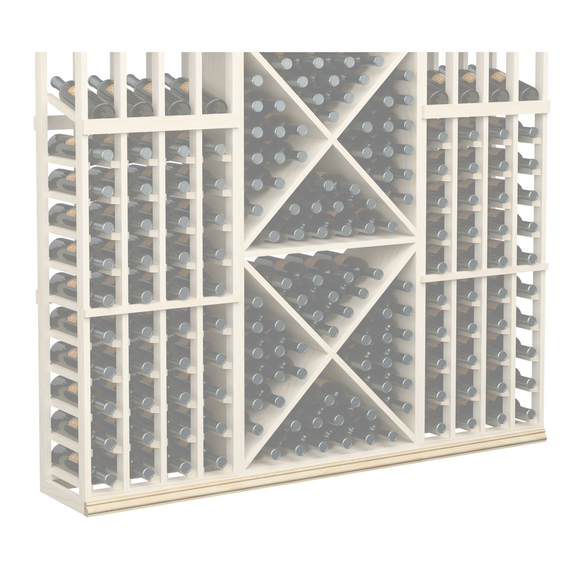 Wine bottle rack with white frame and diamond pattern back panel; 72-inch base